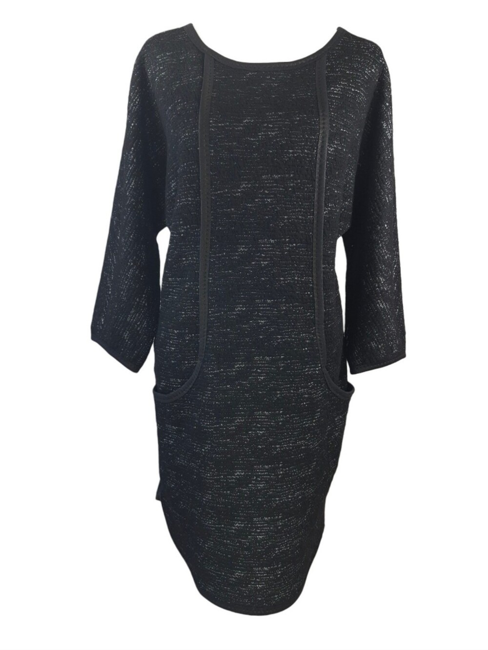 Max Edition Black Shift Dress Faux Leather Trim Pockets Long Sleeves Knit Medium - Picture 8 of 8